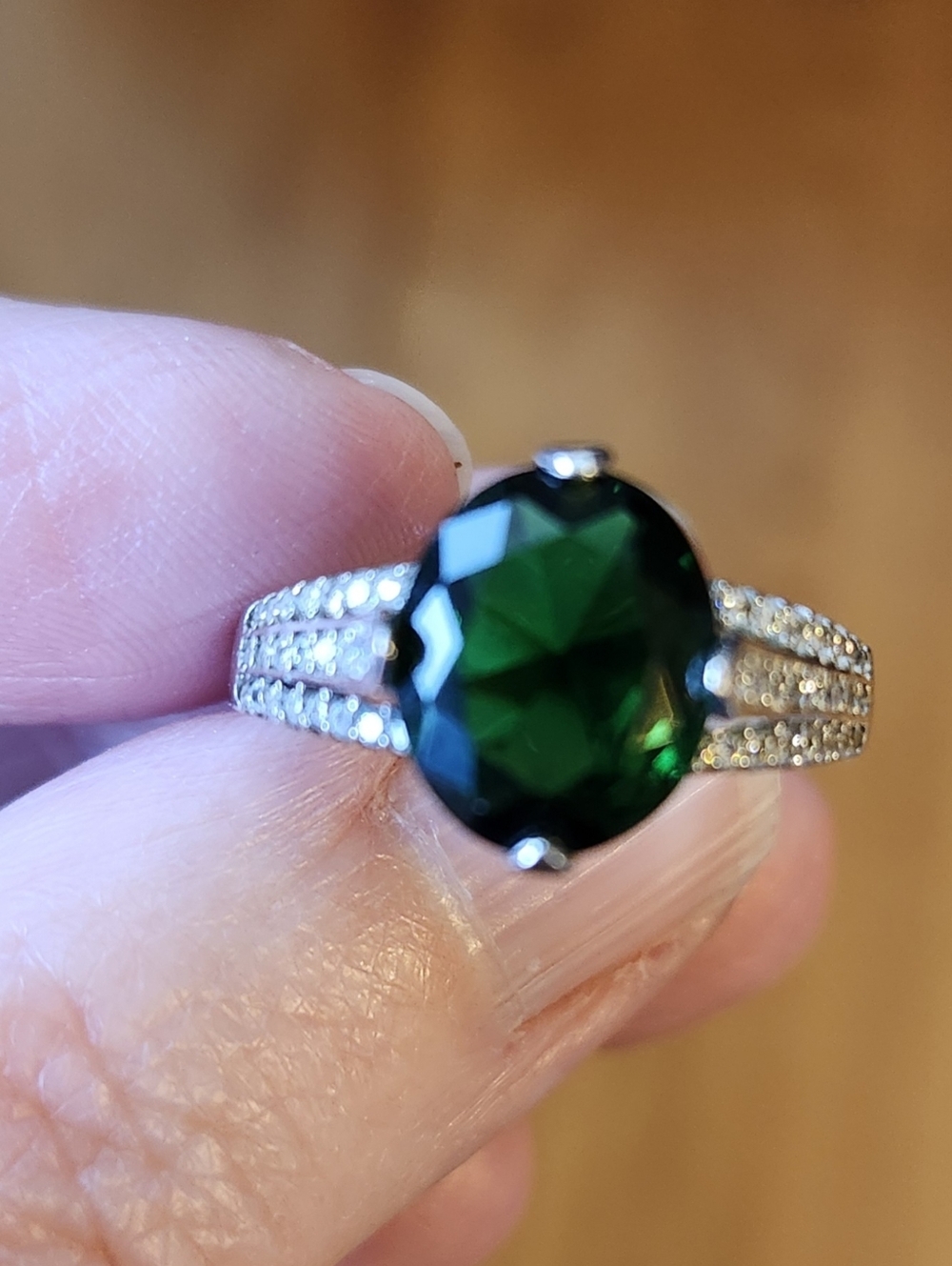 Emerald Green Oval Crystal Ring with Pavé Band -Size 8
